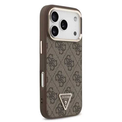 GUESS Pu Leather 4G Strass Triangle Logo Gold Frame MagSafe tok, iPhone 18 Pro - barna