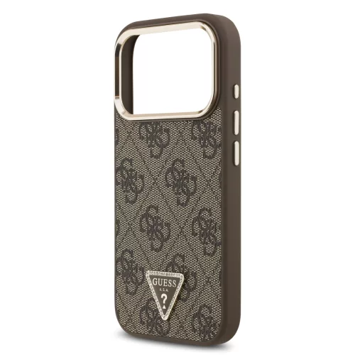 GUESS Pu Leather 4G Strass Triangle Logo Gold Frame MagSafe tok, iPhone 18 Pro - barna