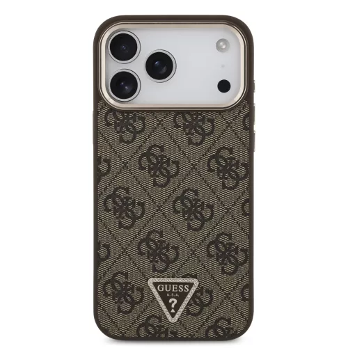GUESS Pu Leather 4G Strass Triangle Logo Gold Frame MagSafe tok, iPhone 18 Pro Max - barna