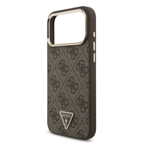 GUESS Pu Leather 4G Strass Triangle Logo Gold Frame MagSafe tok, iPhone 18 Pro Max - barna