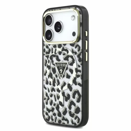 GUESS IML Glitter Leopard Triangle Logo MagSafe tok, Apple iPhone 18 Pro Max - fekete