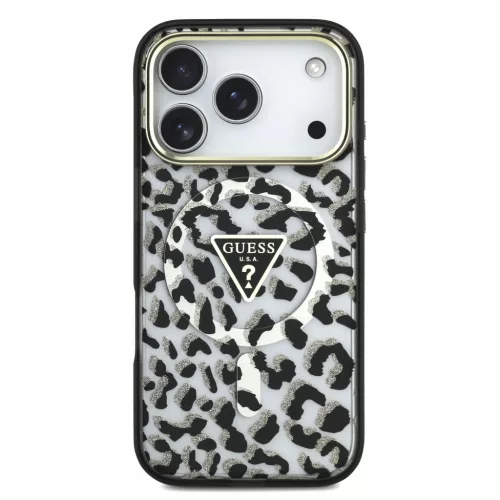 GUESS IML Glitter Leopard Triangle Logo MagSafe tok, Apple iPhone 18 Pro Max - fekete