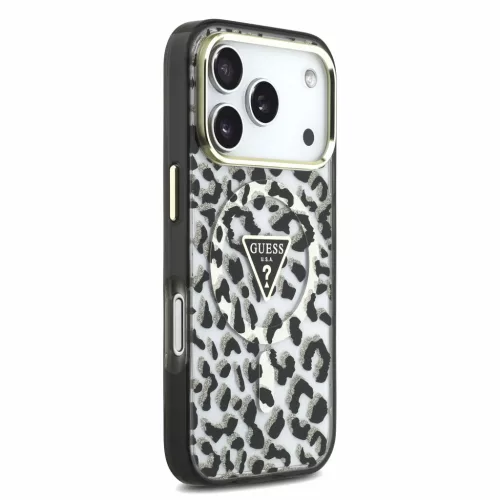 GUESS IML Glitter Leopard Triangle Logo MagSafe tok, Apple iPhone 18 Pro Max - fekete