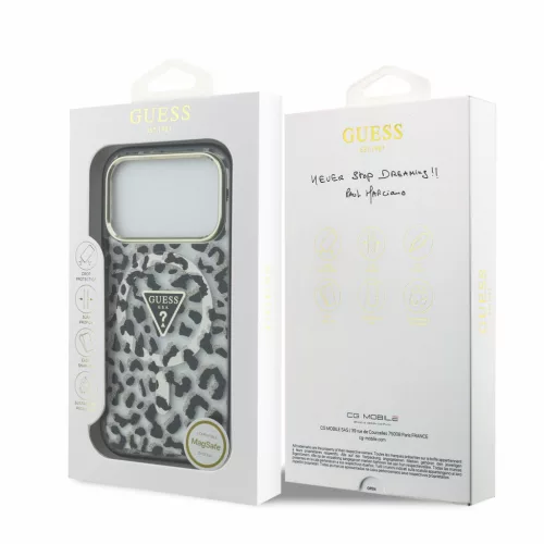 GUESS IML Glitter Leopard Triangle Logo MagSafe tok, Apple iPhone 18 Pro Max - fekete
