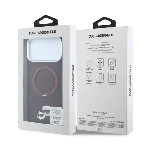 Karl Lagerfeld Pu Grained K&Ch Heads Ring Stand MagSafe tok, Apple iPhone 18 Pro Max - Burgundy