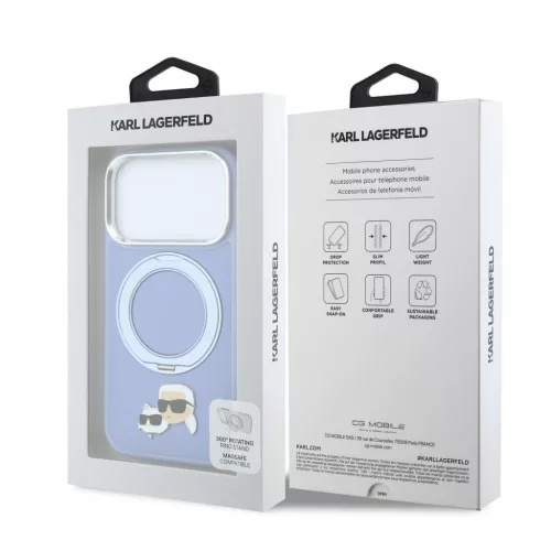Karl Lagerfeld Pu Grained K&Ch Heads Ring Stand MagSafe tok, Apple iPhone 18 Pro Max - kék