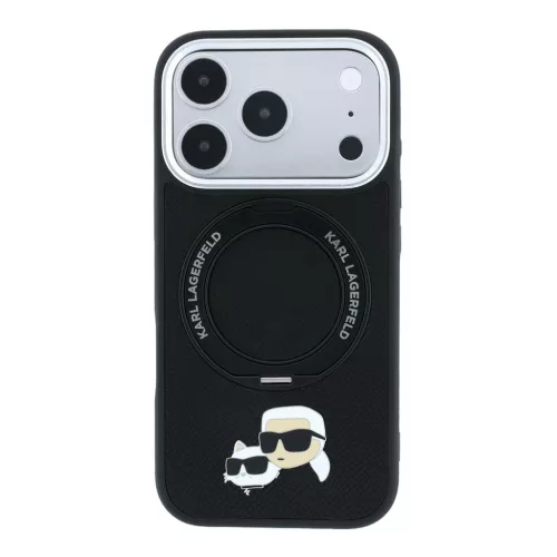 Karl Lagerfeld Pu Grained K&Ch Heads Ring Stand MagSafe tok, Apple iPhone 18 Pro - fekete