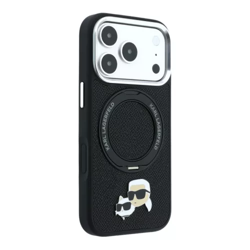 Karl Lagerfeld Pu Grained K&Ch Heads Ring Stand MagSafe tok, Apple iPhone 18 Pro - fekete