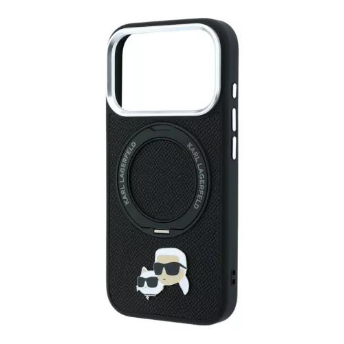 Karl Lagerfeld Pu Grained K&Ch Heads Ring Stand MagSafe tok, Apple iPhone 18 Pro - fekete