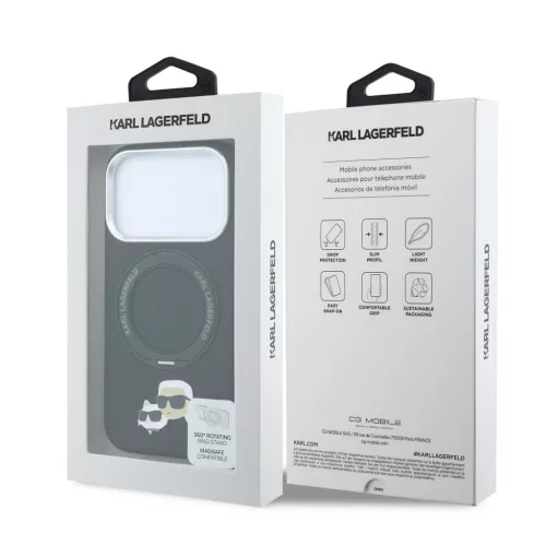 Karl Lagerfeld Pu Grained K&Ch Heads Ring Stand MagSafe tok, Apple iPhone 18 Pro - fekete