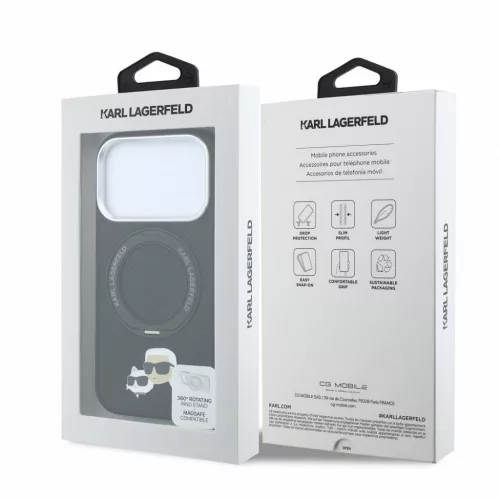 Karl Lagerfeld Pu Grained K&Amp;Ch Heads Ring Stand MagSafe tok, Apple iPhone 18 Pro Max - fekete