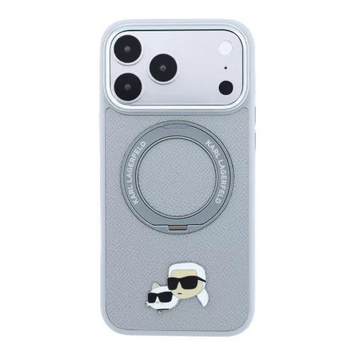 Karl Lagerfeld Pu Grained K&Ch Heads Ring Stand MagSafe tok, Apple iPhone 18 Pro - szürke
