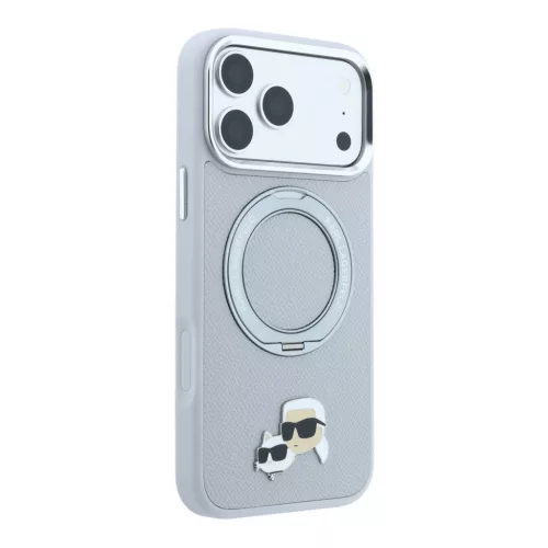 Karl Lagerfeld Pu Grained K&Ch Heads Ring Stand MagSafe tok, Apple iPhone 18 Pro - szürke