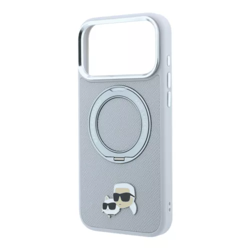Karl Lagerfeld Pu Grained K&Ch Heads Ring Stand MagSafe tok, Apple iPhone 18 Pro - szürke