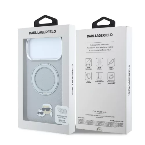 Karl Lagerfeld Pu Grained K&Ch Heads Ring Stand MagSafe tok, Apple iPhone 18 Pro - szürke