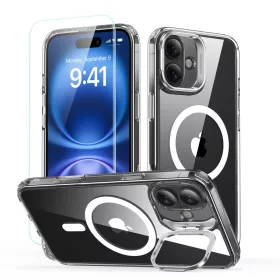   ESR Classic Hybrid Kickstand Halolock MagSafe & Tempered Glass tok kitámasztóval Apple iPhone 16 Plus készülékhez - Átlátszó