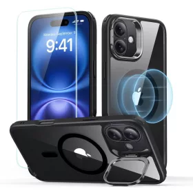   ESR Classic Hybrid Kickstand Halolock MagSafe & Tempered Glass tok kitámasztóval Apple iPhone 16 Plus készülékhez - Átlátszó/fekete