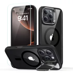   ESR Classic Hybrid Kickstand Halolock MagSafe & Tempered Glass tok kitámasztóval Apple iPhone 16 Pro készülékhez - Átlátszó/fekete