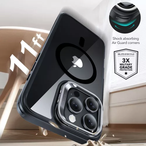 ESR Classic Hybrid Kickstand Halolock MagSafe & Tempered Glass tok kitámasztóval Apple iPhone 16 Pro készülékhez - Átlátszó/fekete