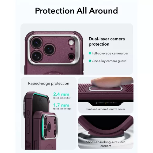ESR Cyber Tough Kickstand MagSafe tok, Apple iPhone 17 Pro Max / 18 Pro Max - Deep Burgundy