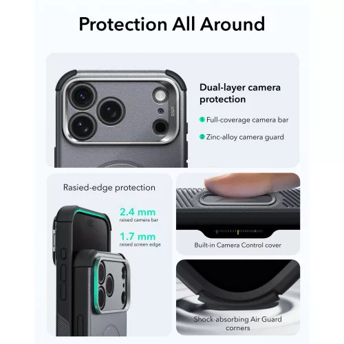 ESR Cyber Tough Kickstand MagSafe tok, Apple iPhone 17 Pro / 18 Pro - Grey