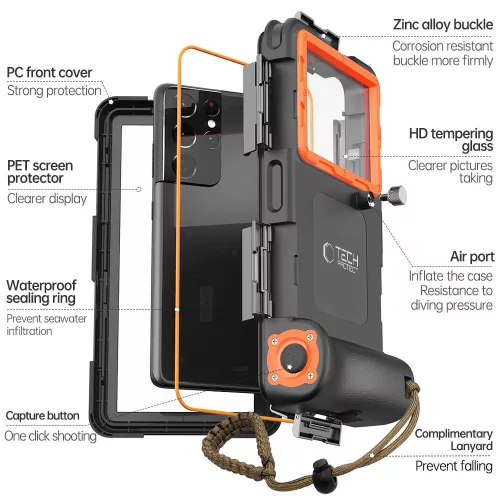 Tech-Protect IPX8 univerzális vízálló tok - fekete/narancssárga
