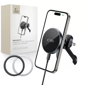   Tech-Protect MM15W-V5 MagSafe mágneses STABLE szellőzőrácsba helyezhető autós tartó töltővel 15W fekete/fekete