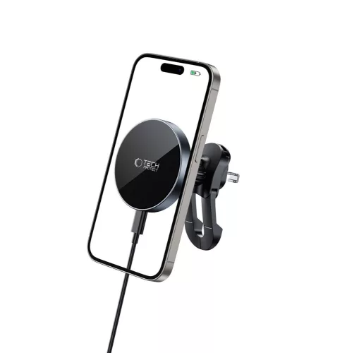 Tech-Protect MM15W-V5 MagSafe mágneses STABLE szellőzőrácsba helyezhető autós tartó töltővel 15W fekete/fekete