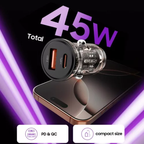 Tech-Protect CC01 2 portos autós töltő PD 45W / QC3.0 fekete