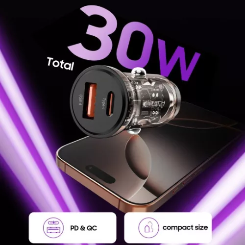 Tech-Protect CC01 2 portos autós töltő PD 30W / QC3.0 fekete -
