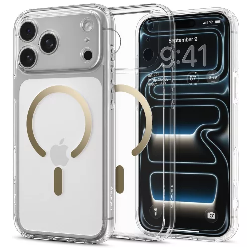 Spigen Ultra Hybrid Mag MagSafe tok Apple iPhone 17 Pro készülékhez – Átlátszó/arany -