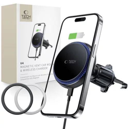 Tech-Protect MM15W-V4 MagSafe mágneses szellőzőrácsba helyezhető autós tartó töltővel 15W fekete