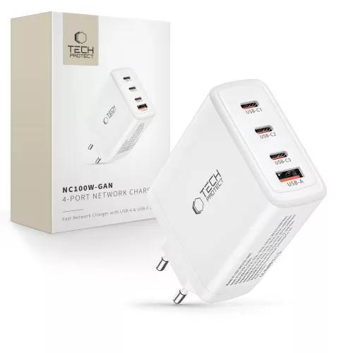 Tech-Protect NC100W-GAN töltő GaN 3x USB-C PD 100W / USB-A QC 3.0 - fehér