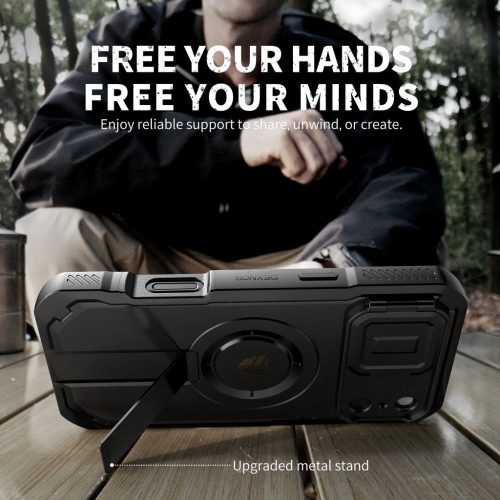 iPhone 17 Pro Dexnor MagSafe ütésálló tok kihajtható állvánnyal és kameravédővel - fekete