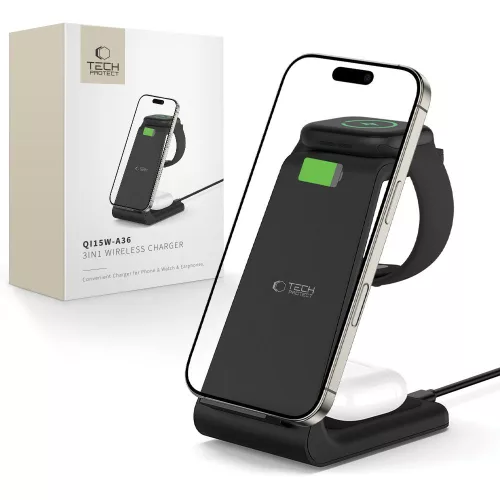 Tech-protect Qi15w-a36 3in1 Vezeték Nélküli Töltőállomás - fekete