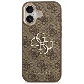   Guess PU Leather 4G Metal Logo arany kamerakeretes tok, iPhone 17  - barna