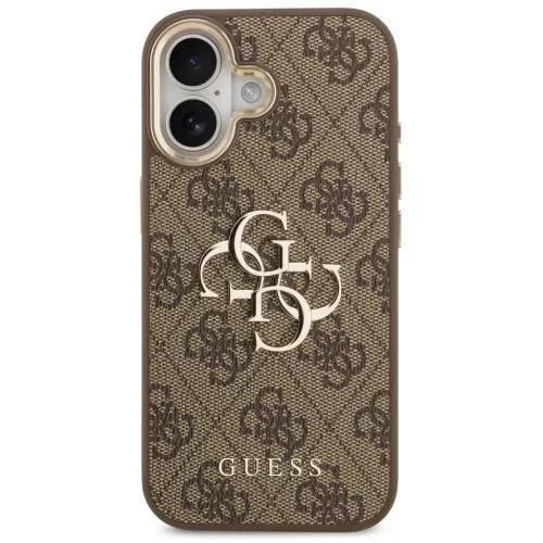 Guess PU Leather 4G Metal Logo arany kamerakeretes tok, iPhone 17  - barna