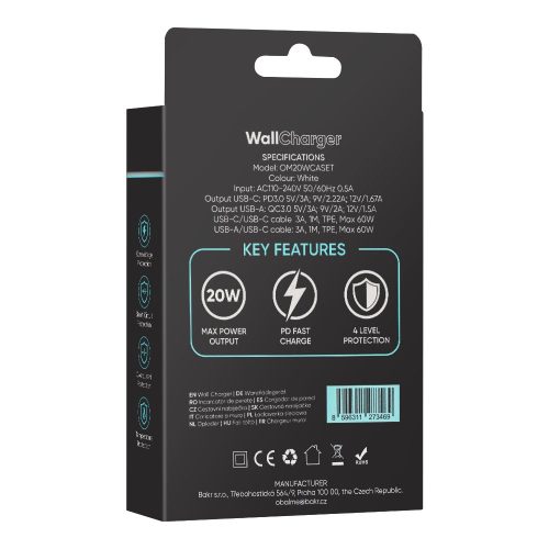 OBAL:ME GaN Fali Töltő SB-A + USB-C 20W + 2x töltőkábel,  20W - fehér  