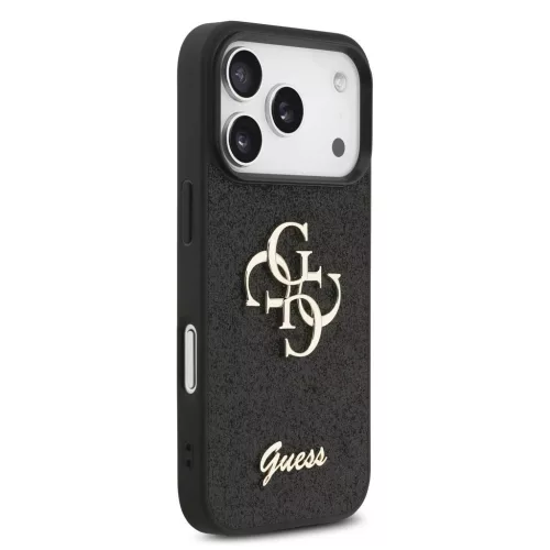 Guess PU Leather 4G Metal Logo arany keretes tok, iPhone 17 Pro Max  - fekete