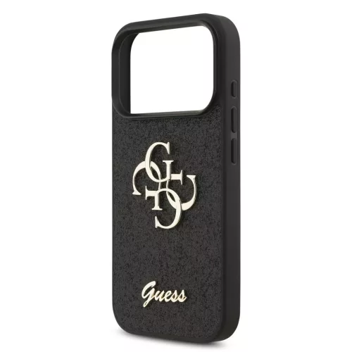 Guess PU Leather 4G Metal Logo arany keretes tok, iPhone 17 Pro Max  - fekete