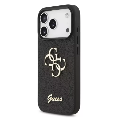 Guess PU Leather 4G Metal Logo arany keretes tok, iPhone 17 Pro Max  - fekete