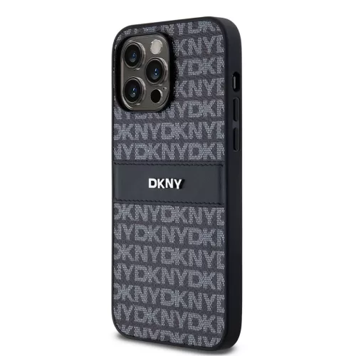 DKNY PU Leather Repeat Pattern Tonal Stripe tok iPhone 14 Pro készülékhez - fekete