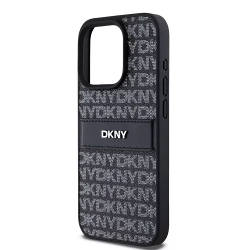 DKNY PU Leather Repeat Pattern Tonal Stripe tok iPhone 14 Pro készülékhez - fekete