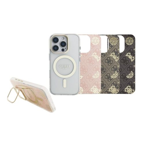 Guess PC/TPU Electroplated iPhone 16 Pro Max hátlap tok kitámasztóval, cserélhető hátlappal, átlátszó