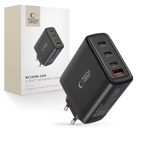 Tech-Protect NC100W-GAN töltő GaN 3x USB-C PD 100W / USB-A QC 3.0 - fekete
