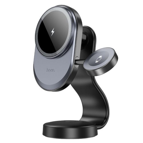 HOCO autós tartó vezeték nélküli töltéssel 2in1 középkonzolhoz, kompatibilis az Apple Watch 15W HW28  -fekete / szürke