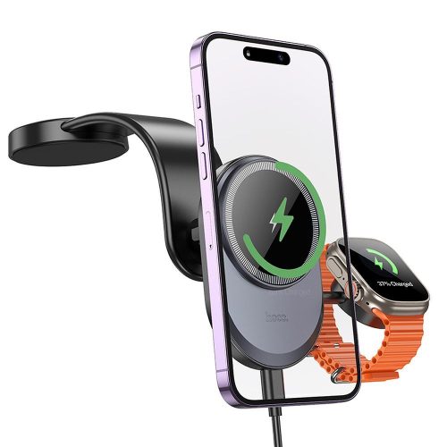 HOCO autós tartó vezeték nélküli töltéssel 2in1 középkonzolhoz, kompatibilis az Apple Watch 15W HW28  -fekete / szürke