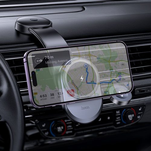 HOCO autós tartó vezeték nélküli töltéssel 2in1 középkonzolhoz, kompatibilis az Apple Watch 15W HW28  -fekete / szürke