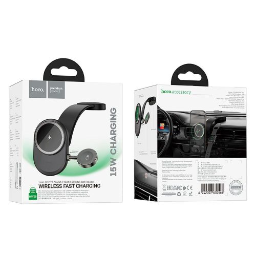 HOCO autós tartó vezeték nélküli töltéssel 2in1 középkonzolhoz, kompatibilis az Apple Watch 15W HW28  -fekete / szürke