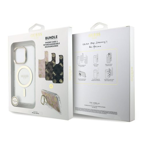 Guess PC/TPU Electroplated iPhone 16 Pro hátlap tok kitámasztóval, cserélhető hátlappal, átlátszó